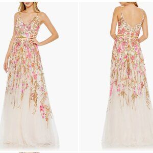 MAC DUGGAL 5671 VNECK FLORAL EMBELLISHED SPAGHETTI STRAPS OYSTER MULTI GOWN  14